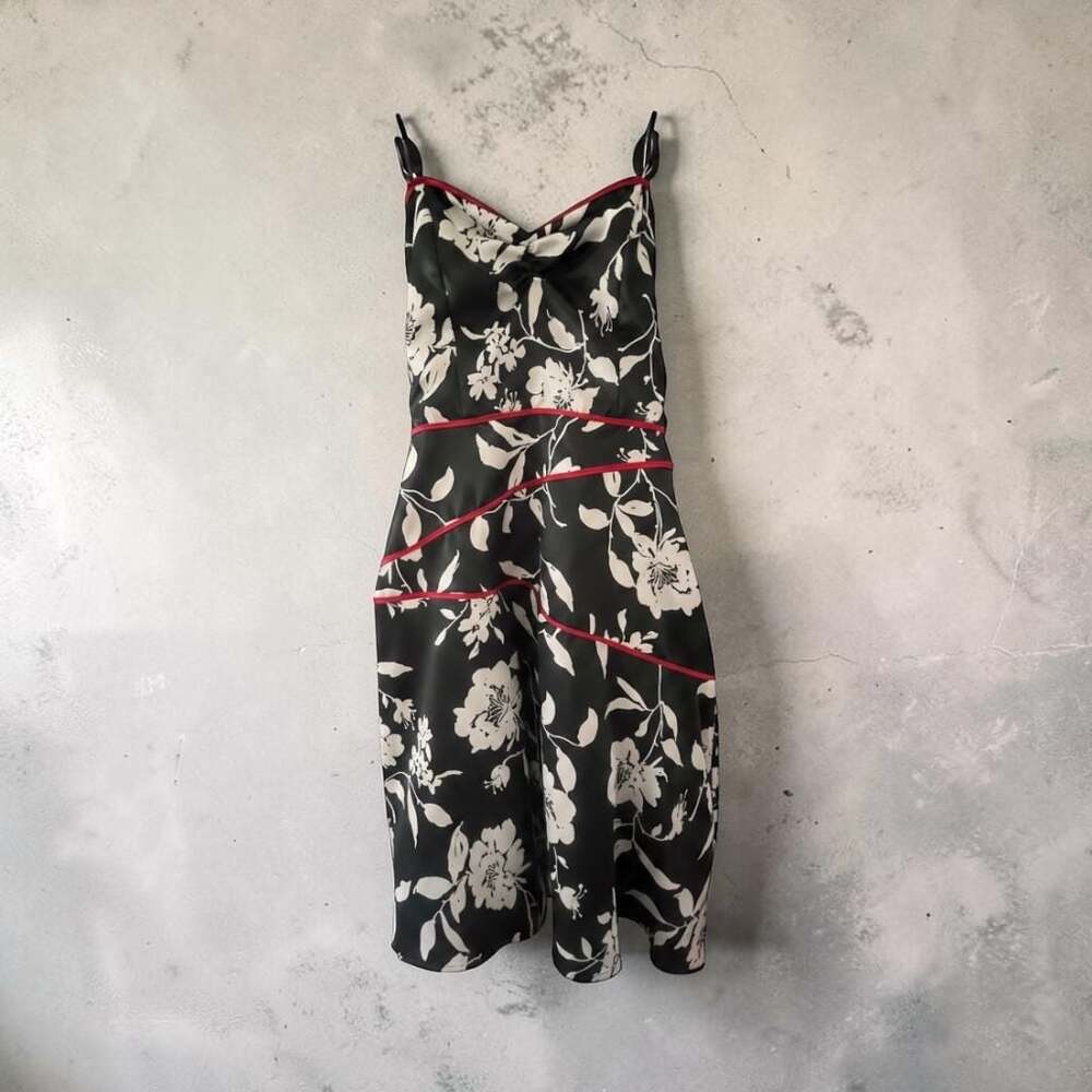 Niki Livi Vintage Black and White Floral Satin Midi Dress with Red Piping and Co